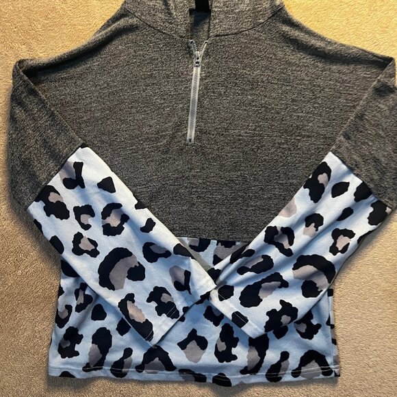 Shein Women Small Heather Grey Blue Black Cheetah Print Pullover Hoodie Sweater - Picture 2 of 6